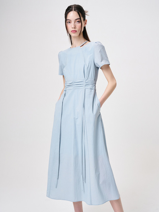 Neck Cut-Out Shirring Dress, Sky Blue