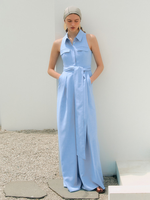 JASMINE Halter neck shirt collar jumpsuit (Ice blue)