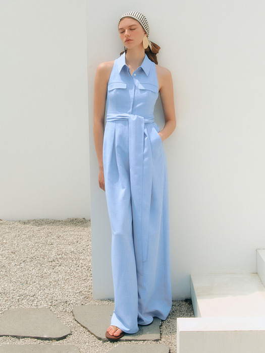 JASMINE Halter neck shirt collar jumpsuit (Ice blue)