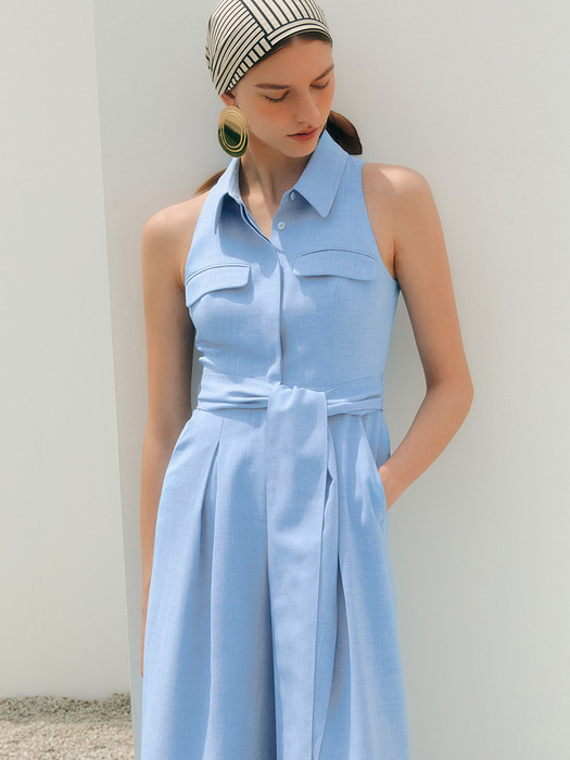 JASMINE Halter neck shirt collar jumpsuit (Ice blue)