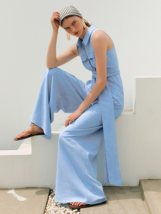 JASMINE Halter neck shirt collar jumpsuit (Ice blue)