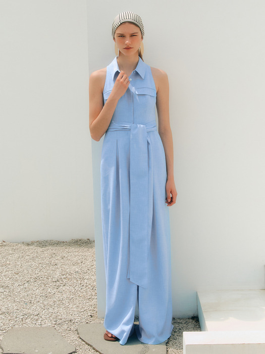 JASMINE Halter neck shirt collar jumpsuit (Ice blue)