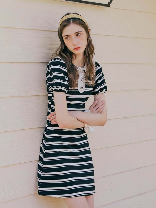 DD_Lapel stripe contrast knit dress