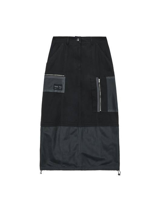 NYLON MIX POCKET MAXI SKIRT IN BLACK