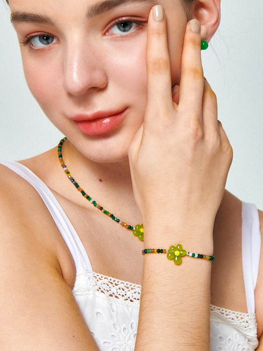 Green Agate Flower Silver Bracelet Ib280 [Silver]