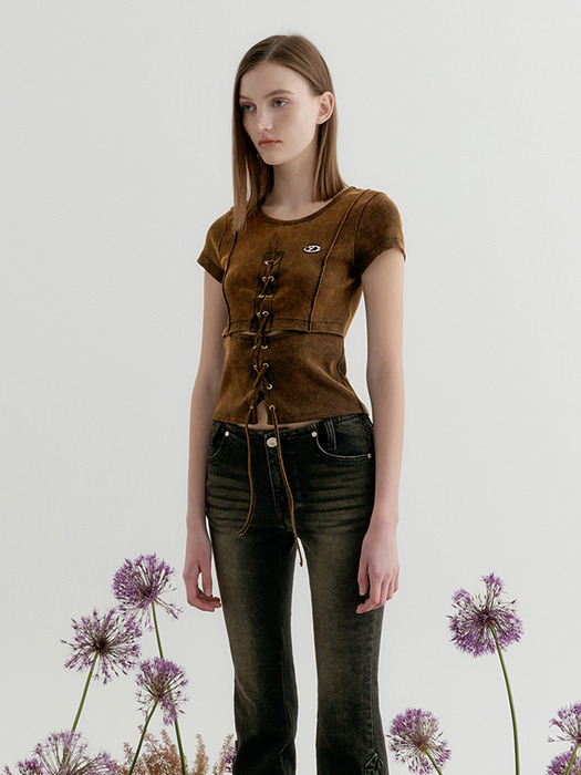 CUT OUT LACE-UP WASHING HALF SLEEVE TOP - BROWN