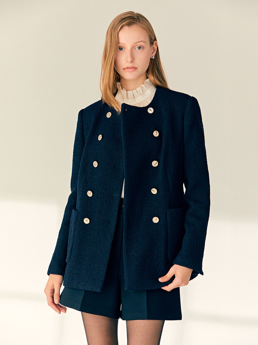 DOMINIQUE Round neck double breasted twill jacket (Deep navy)