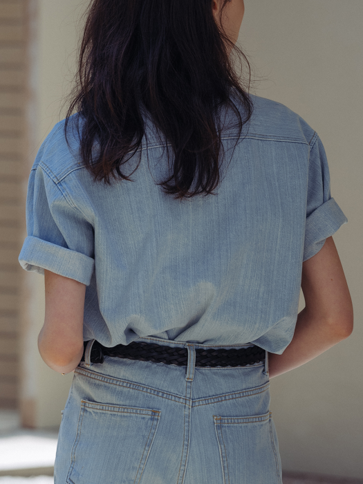 Denim button point half shirt(Light blue)