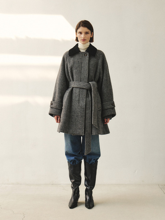 RTW ALPACA HERRINGBONE HALF COAT_CHARCOAL