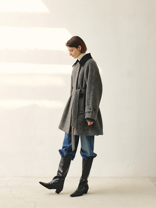 RTW ALPACA HERRINGBONE HALF COAT_CHARCOAL