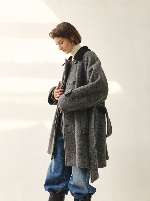 RTW ALPACA HERRINGBONE HALF COAT_CHARCOAL