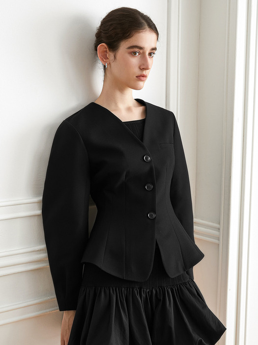 YY_Black v-neck puff Jacket