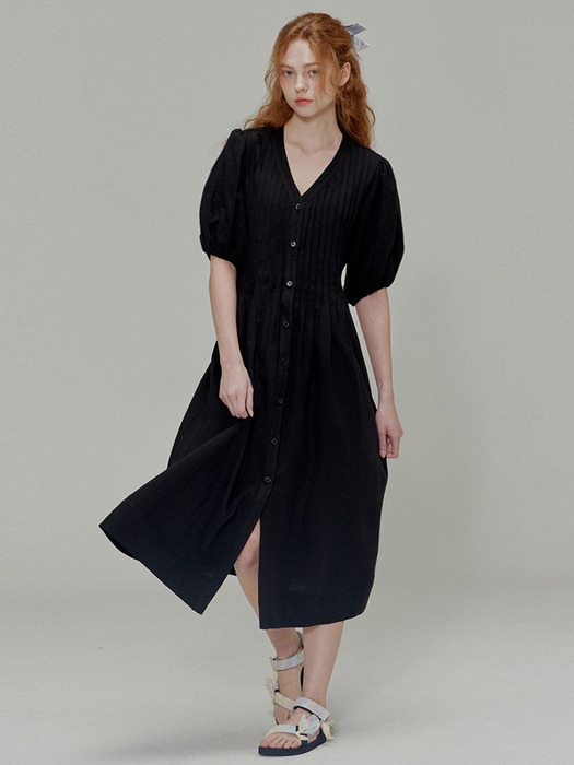 Linen Pleated Dress_Black