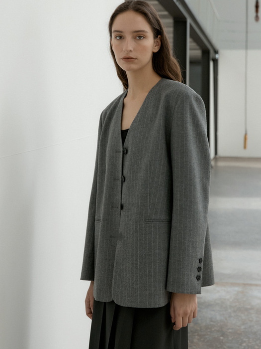 [단독] WOOL STRIPE NOCOLLAR BLAZER_LIGHT GRAY