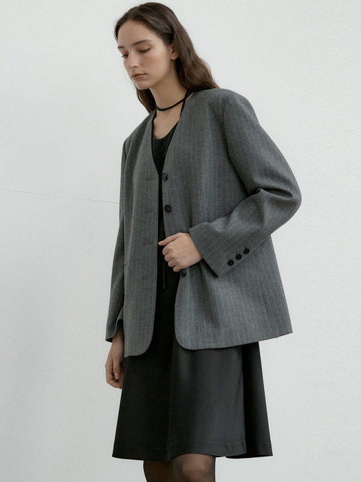 [단독] WOOL STRIPE NOCOLLAR BLAZER_LIGHT GRAY