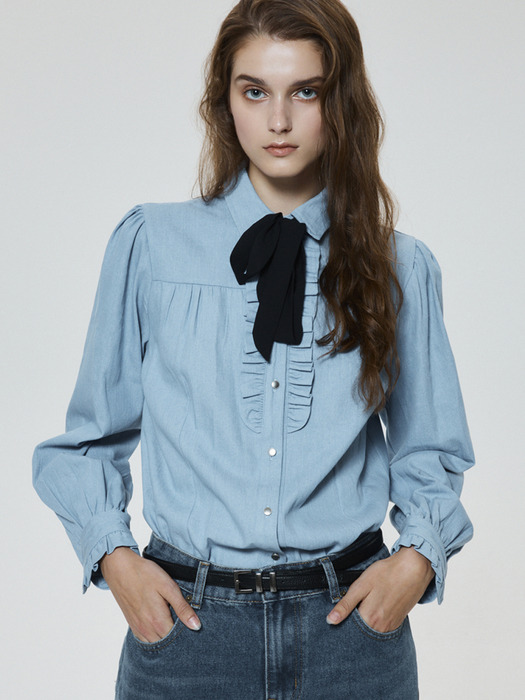 Denim Ruffled-Placket Blouse(WOMAN)_UTS-FS52