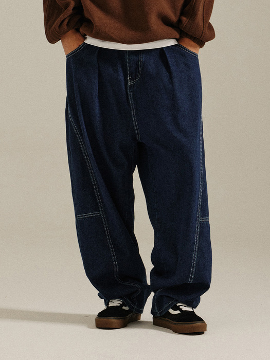 Balloon Fit Stitch Denim Pants Blue