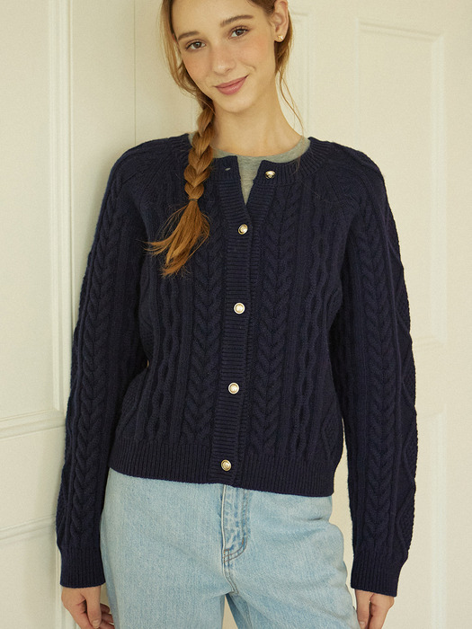 Gold Button Cable Wool Knit Cardigan - Navy