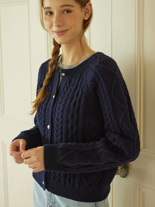 Gold Button Cable Wool Knit Cardigan - Navy