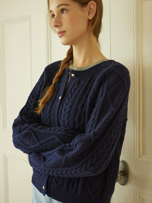 Gold Button Cable Wool Knit Cardigan - Navy