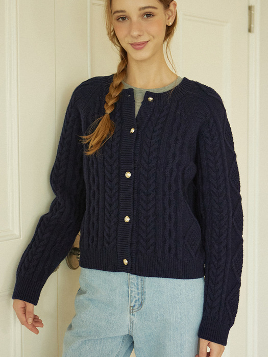 Gold Button Cable Wool Knit Cardigan - Navy