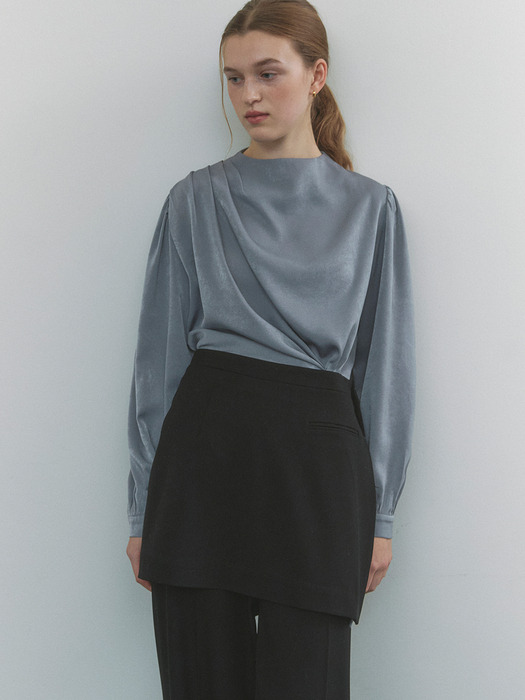 comos 1321 draped mock neck blouse (blue gray)