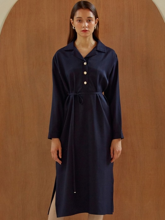 [By Joorti] J279 Pearl-button shirt onepiece (navy)