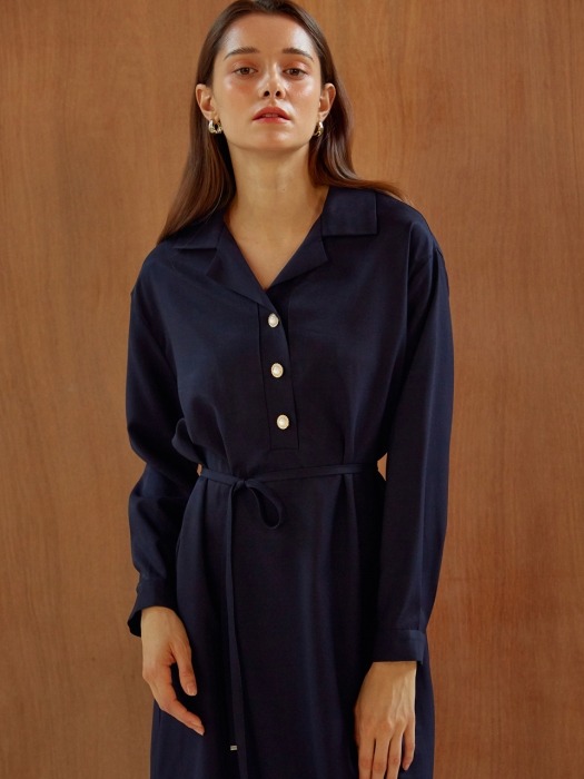 [By Joorti] J279 Pearl-button shirt onepiece (navy)