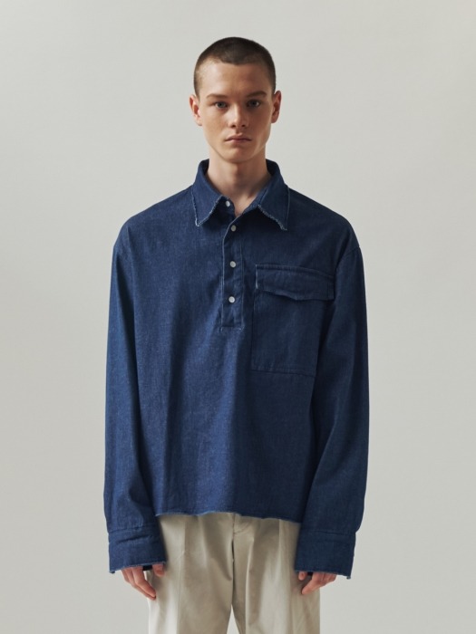 DENIM CUTTING HENLY NECK SHIRTS NAVY