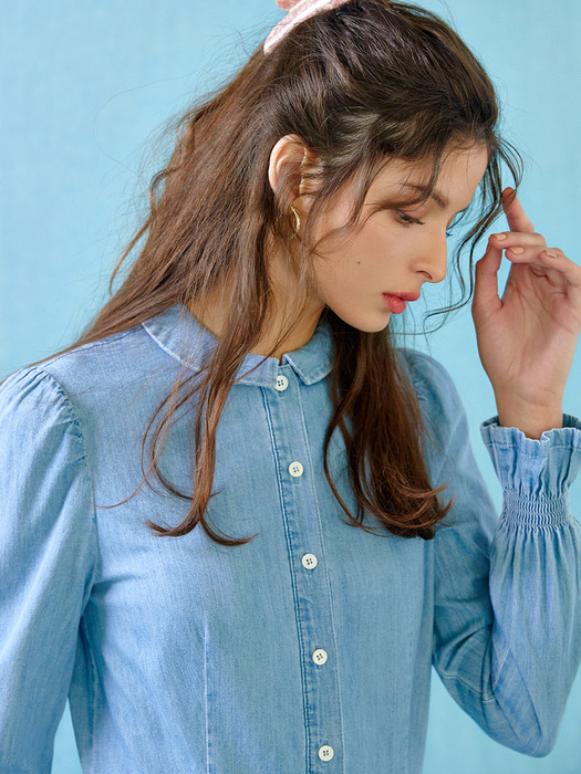 Puff sleeve denim shirt dress