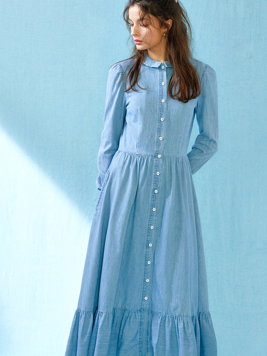 Puff sleeve denim shirt dress