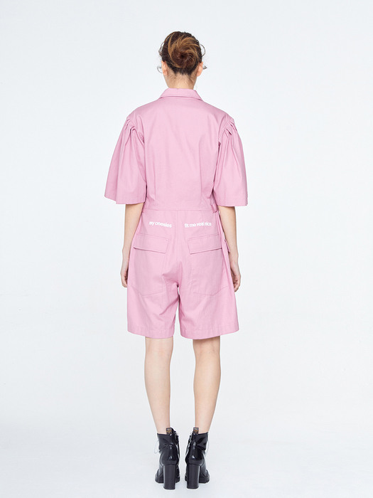 Pink Puff shoulder Short Jumpsuit
