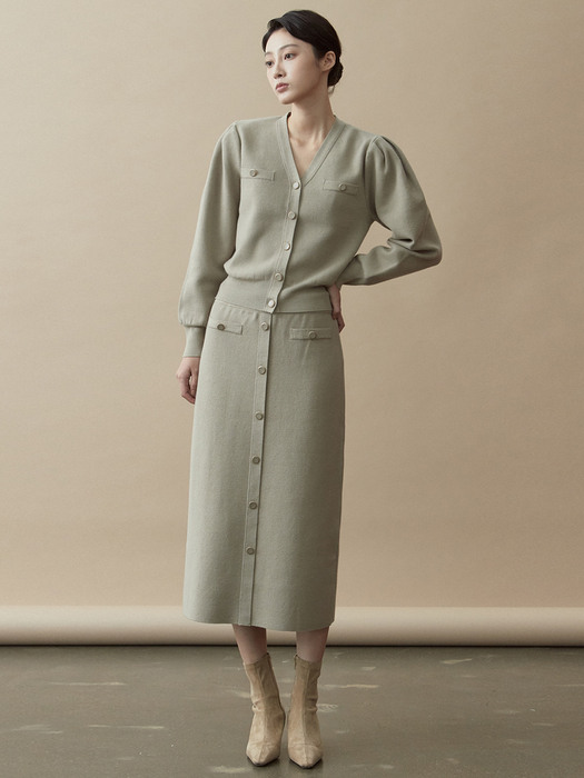 [SET] V.warm puff knit cardigan + warm button knit skirt (beige gray)