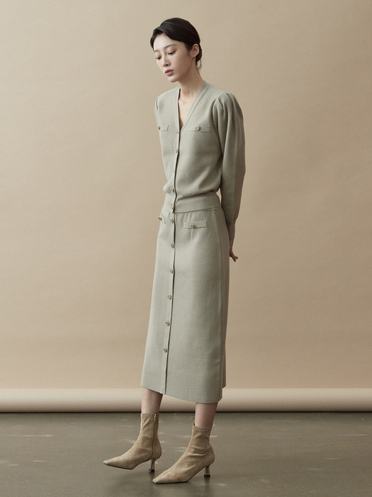 [SET] V.warm puff knit cardigan + warm button knit skirt (beige gray)