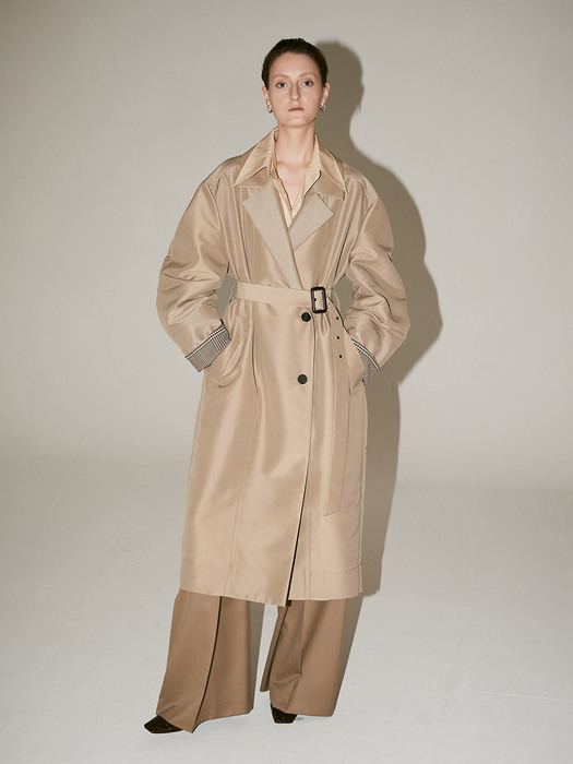 [Signature]  AMBRE Volume Sleeve Belted Trench Coat_Khaki Beige