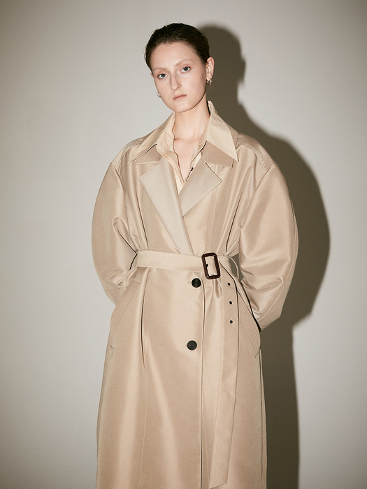 [Signature]  AMBRE Volume Sleeve Belted Trench Coat_Khaki Beige