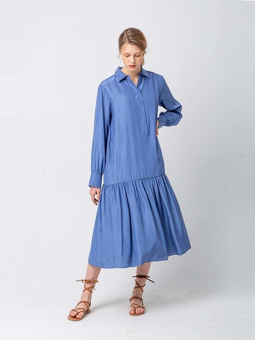 Satin shirt long dress_blue