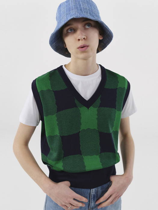 R GINGHAM CHECK KNIT VEST_NAVY