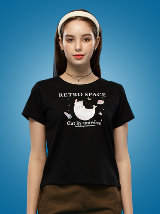 WOMEN 크롭 슬림 그래픽 고양이 반팔티 [BLACK] 크롭티 반팔 티셔츠 ver.