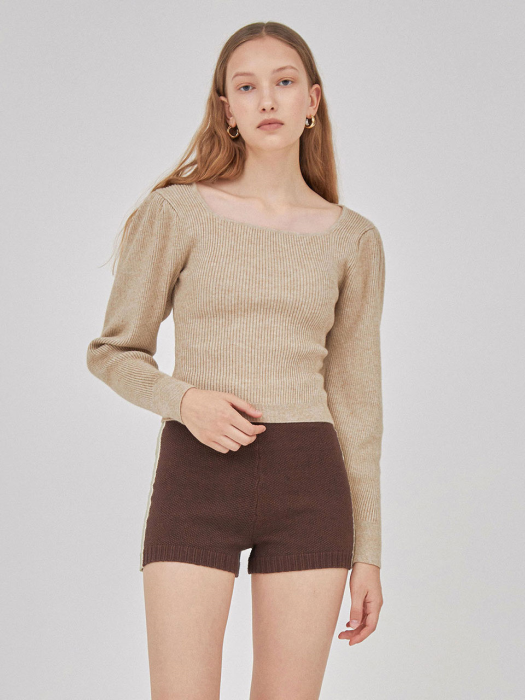 Square Neck Volume Sleeve Knit in Beige VK1WP163-91