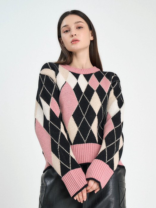 COZY ARGYLE KNIT PULLOVER - BLACK