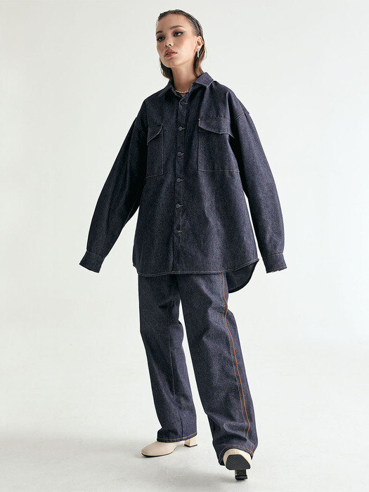 UNISEX DENIM SHIRT JACKET & PANTS SET W - INDIGO BLUE