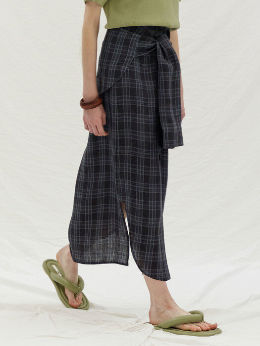 TIE UP POINT LINEN SKIRT - BLUE