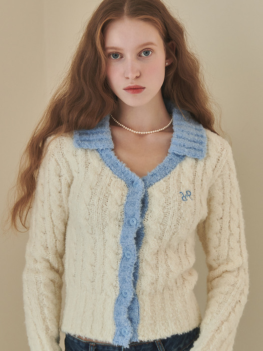 Collar Cable Boucle Alpaca Knit Cardigan Ivory Blue