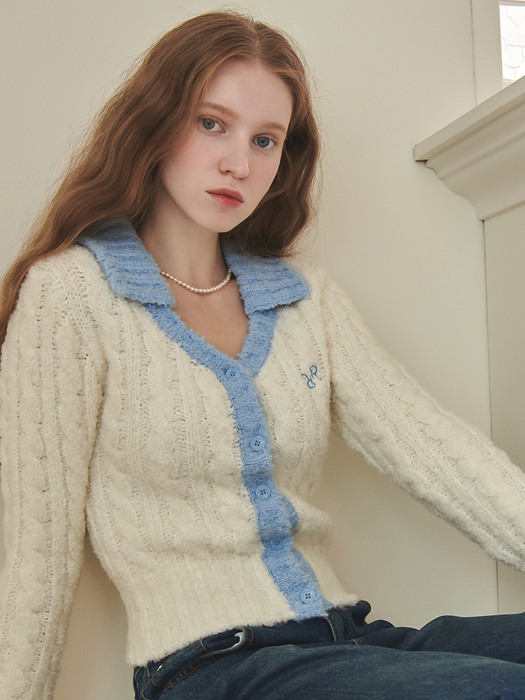 Collar Cable Boucle Alpaca Knit Cardigan Ivory Blue