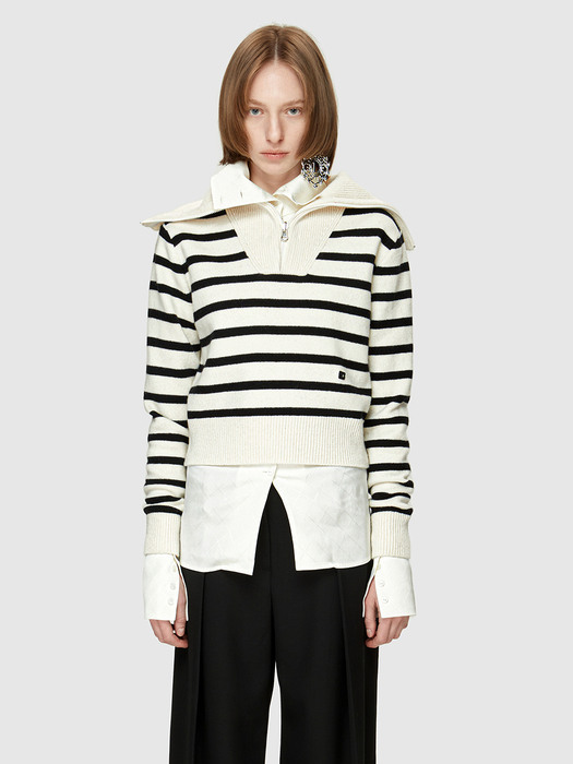 STRIPE SAILOR ZIP-UP KNIT - IVORY