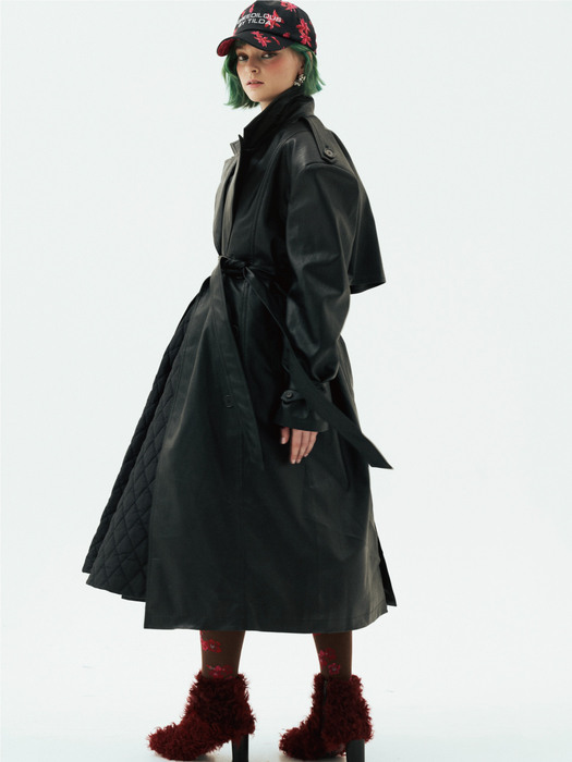 Faux-Leather Belted Double-Breast Trench Coat