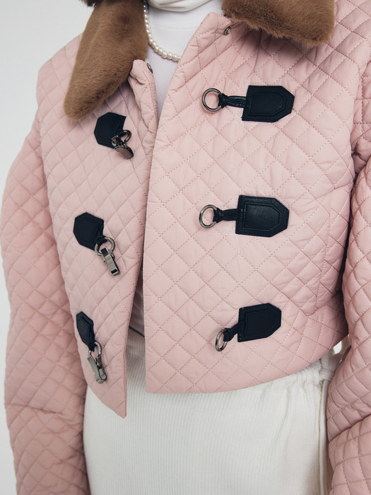 Quilted Cropped Jacket with Hook Closure Pink