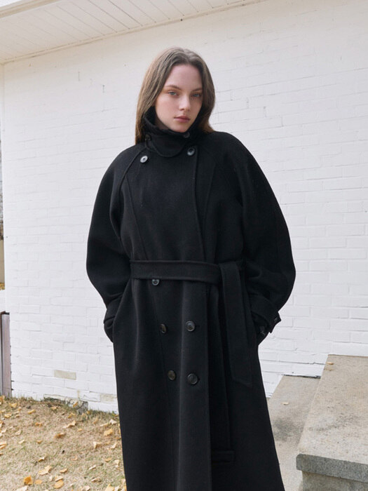 Handmade belted maxi coat - black
