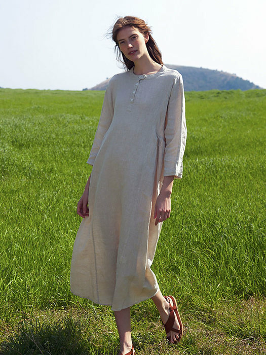 Linen  Premium  Round  Button  Overfit  Dress